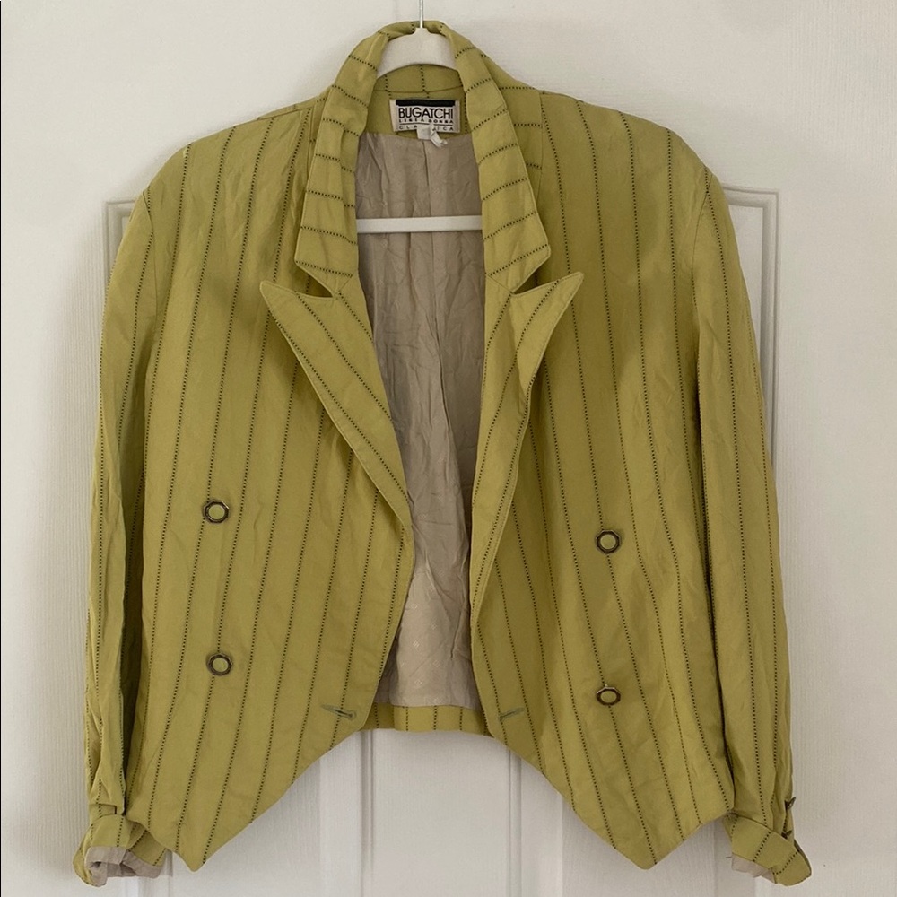 Bugatchi Women's Lime Yellow Striped Vintage Jacket Blazer